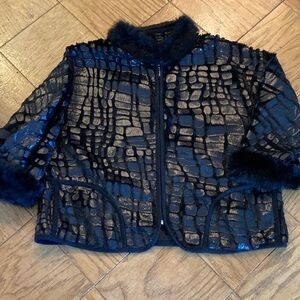 Black Shimmer Cropped Jacket with real fox collar and cuffs.